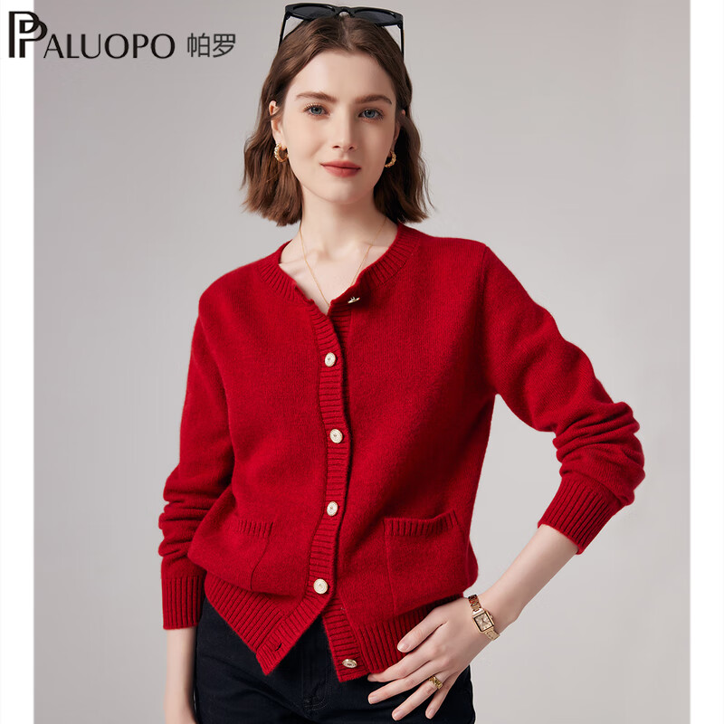 帕罗(PALUOPO)100%山羊绒衫女秋冬新款长袖开衫百搭打底保暖厚圣诞红针织毛衣 大红夹花 S 155/95 京东折扣/优惠券