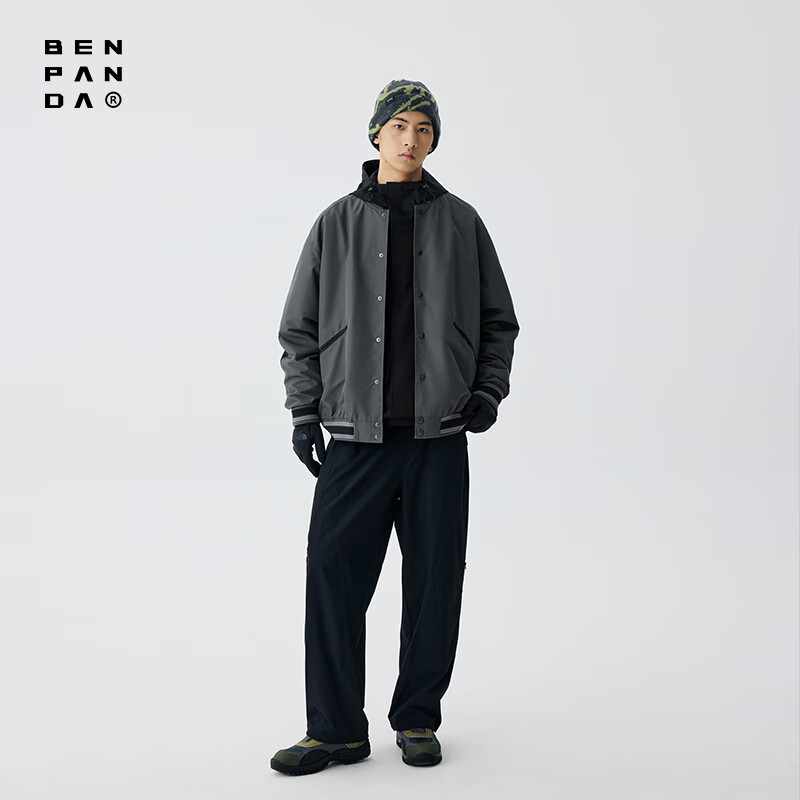 熊猫·本（ben.panda）夹克男新款春季美式复古休闲百搭潮流撞色情侣款棒球服外套 深灰色 XL