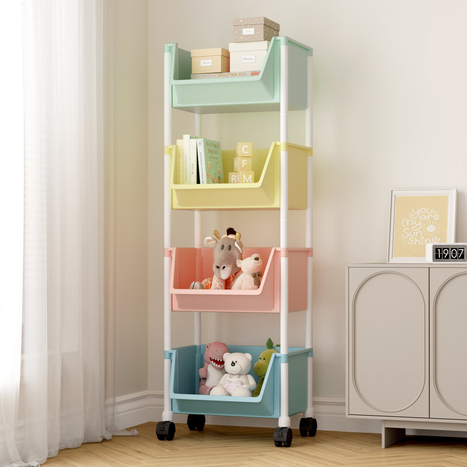 小推车置物架家用零食落地多层客厅整理收纳书架移动果蔬菜架 三层白[无盖款]送轮子+4挂钩