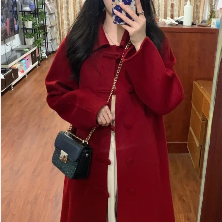 FOURDATRY复古红色双面羊毛大衣女盘扣中长款2025秋冬新款羊毛呢子加厚外套 红色 S