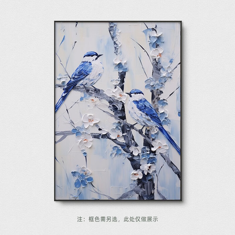 艺幻蓝尾喜鹊纯手绘油画客厅装饰画吉祥如意美好寓意茶室挂画玄关壁画