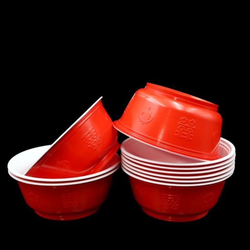 豫卫康一次性红碗红色喜庆结婚酒席家用吃饭塑料餐具硬型加厚圆形塑胶碗 375型号红白喜字碗 20个送筷子
