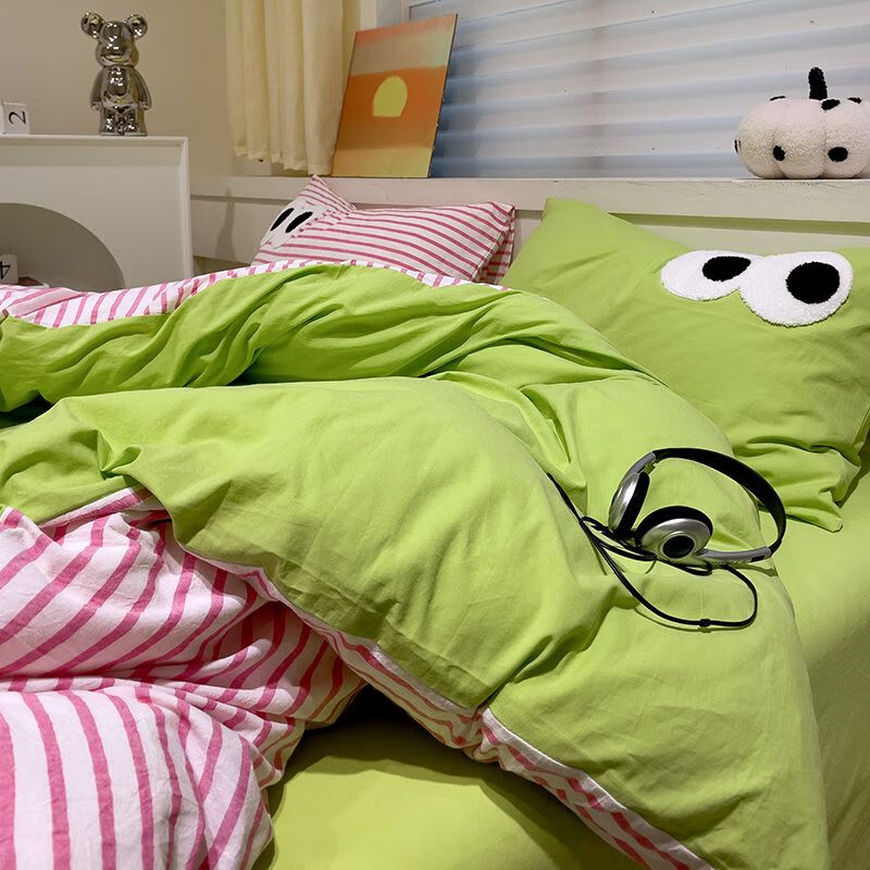 贝兰蓓儿韩系多巴胺大眼睛条纹黄配仙紫四件套水洗棉床单被套学生床三