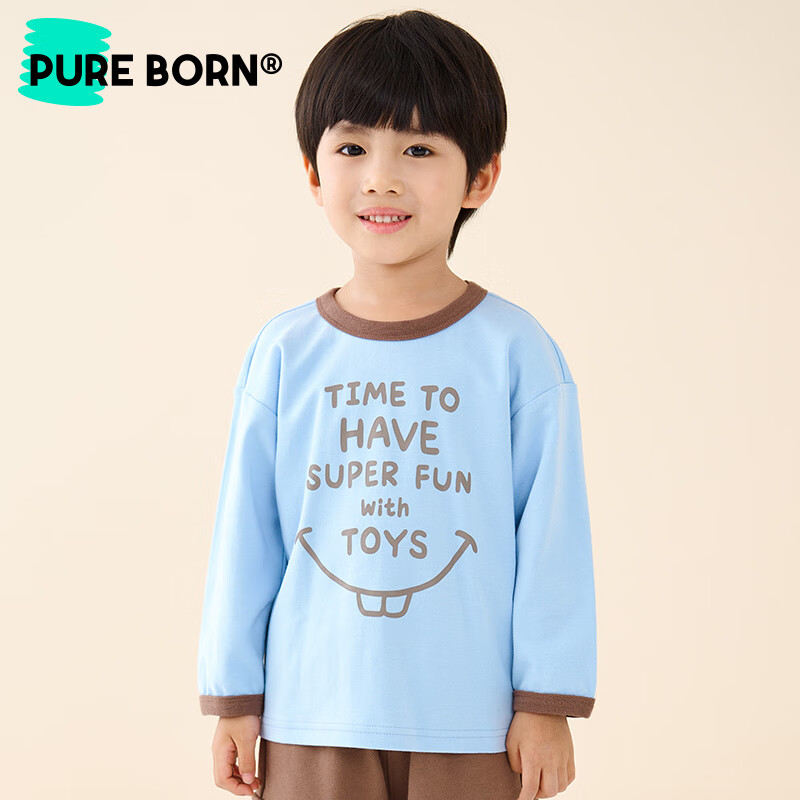 博睿恩(Pureborn)男女宝宝长袖T恤春秋季新款婴童纯棉透气字母印花上衣 浅钻蓝色 100