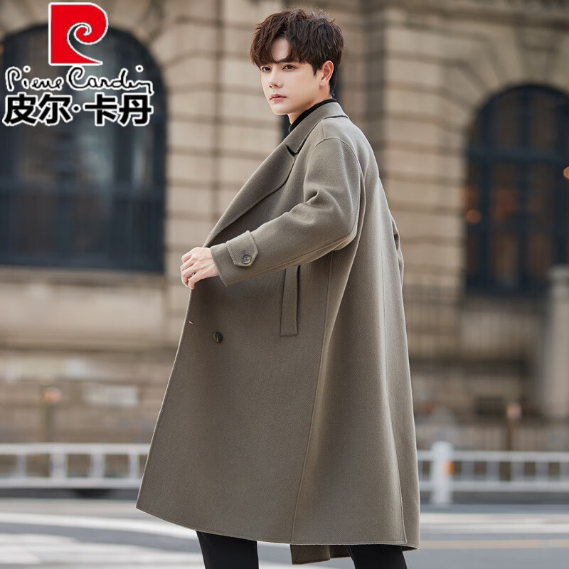 皮尔卡丹（pierre cardin）高端双面羊毛呢大衣男士中长款过膝100%纯羊毛呢子外套风衣冬季加 灰绿色 (100%羊毛 ) M (135-160斤)