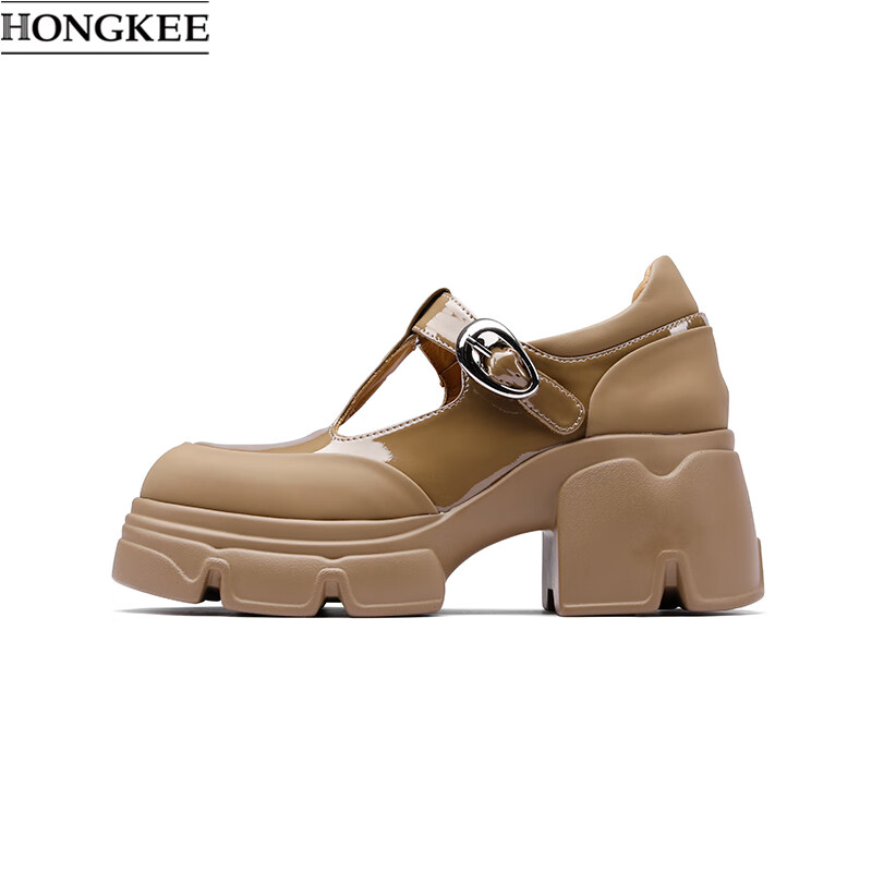 红科（HONGKEE）春季英伦风圆头粗跟金属饰扣时尚优雅玛丽珍单鞋女HD94D101 甜蜜棕 39