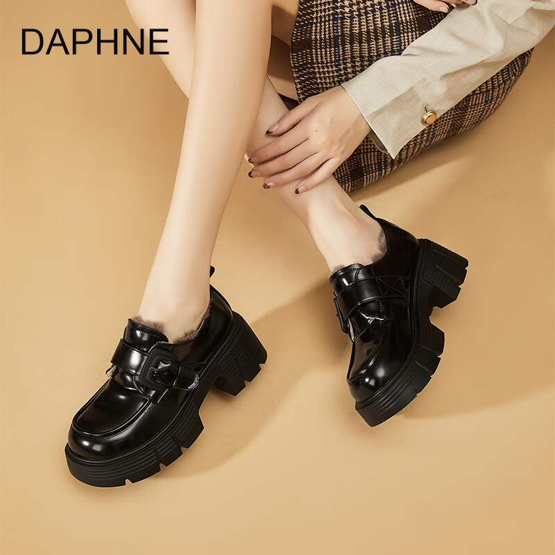 达芙妮加绒乐福鞋厚底百搭2025秋冬新款复古学院jk鞋子女增高黑色小皮鞋 黑色 加绒 38