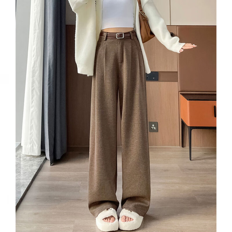 GIOIO2025年秋冬季新款女装人字纹毛呢阔腿裤拖地裤高腰休闲直筒西装裤 米杏色 加绒 158-169cm M (建议96-108斤)