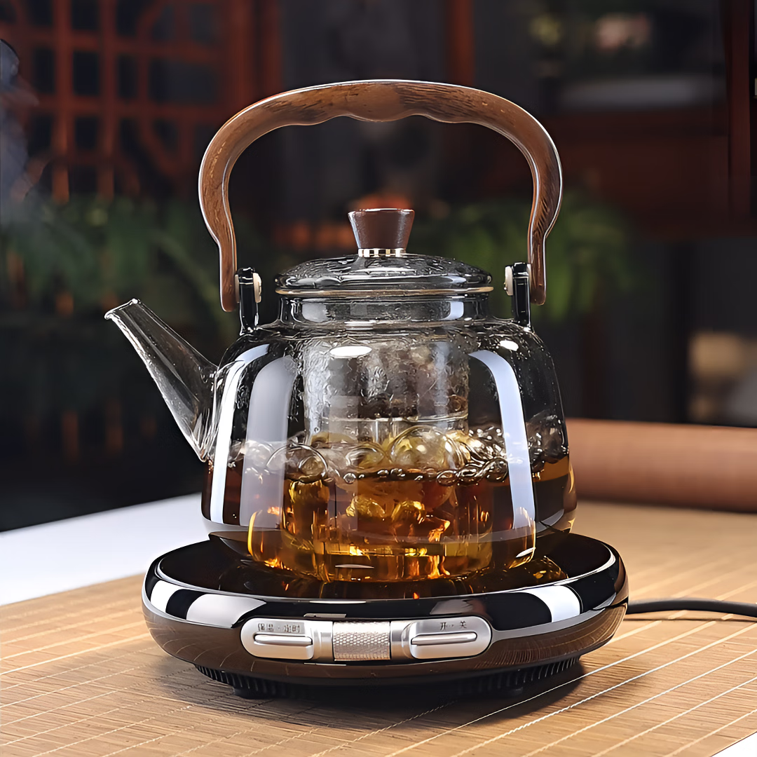全度耐热玻璃木把提梁壶煮茶壶高档电陶炉煮茶大容量烧水玻璃茶具茶器 木把提梁壶+茗凤祥电陶炉X1
