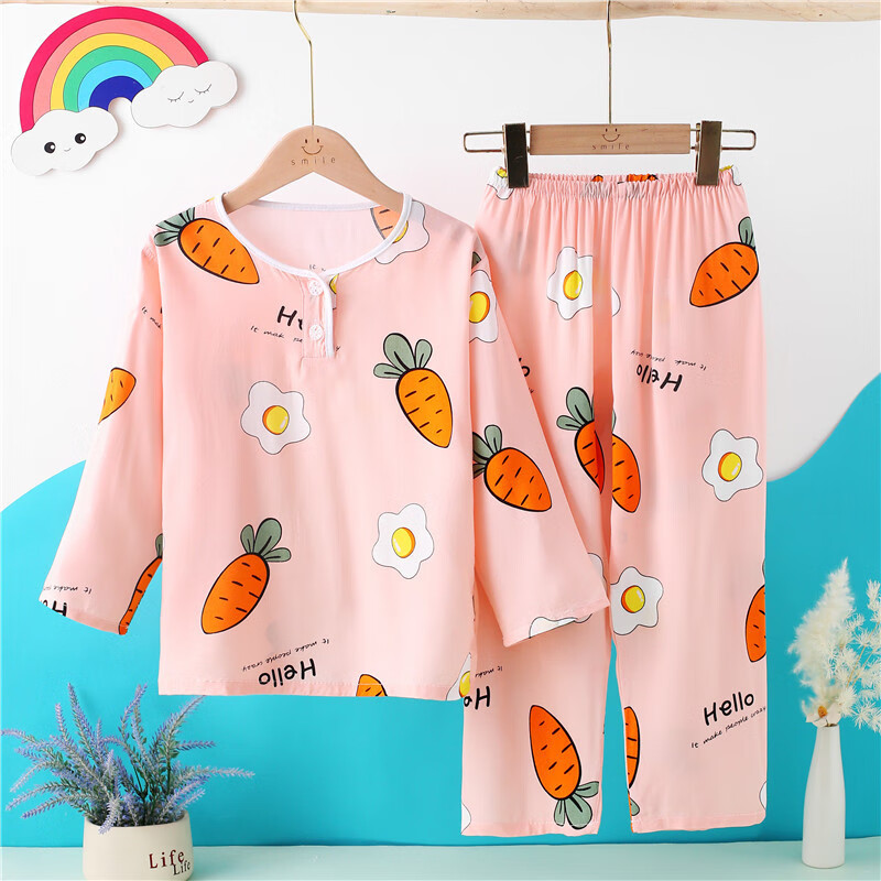 飾雯兒童棉綢睡衣男童女童夏季女孩薄款男孩人造棉小孩寶寶空調(diào)家居服 雙長花朵蘿卜 65碼數(shù)90cm