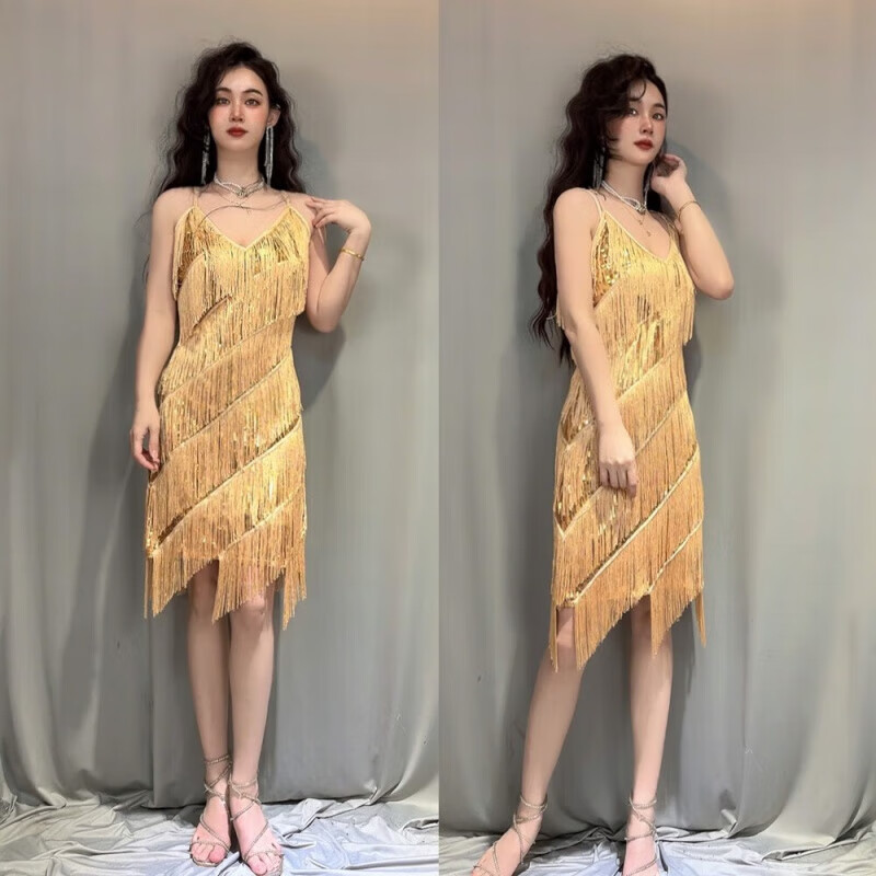 欲動(dòng)拉丁舞比賽服花服 新款拉丁舞會(huì)吊帶裙舞蹈裙v領(lǐng)拉丁舞亮片流蘇舞 金色(連衣裙+抹胸)