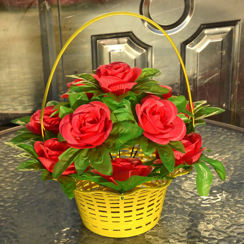 fancychic仿真玫瑰花篮套装家居餐桌花束插花摆设绢花摆件假花装饰