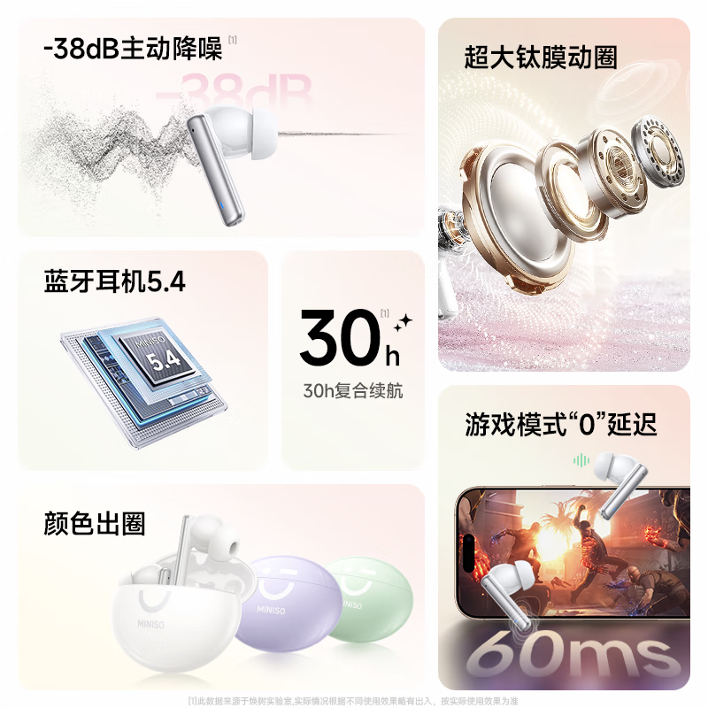 名创优品（MINISO）MR2 真无线蓝牙耳机入耳式 舒适佩戴主动降噪运动游戏低延迟音乐高音质超长续航高清通话轻巧 星芒紫丨ANC主动降噪【100%好评】