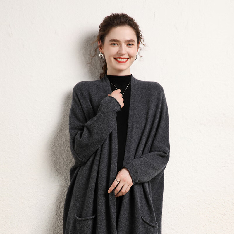 红葱鄂尔多斯产v领纯羊绒开衫女中长版宽松大尺码韩版插兜针织毛衣外