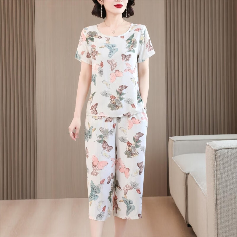 琉善中国风棉绸套装女夏薄款妈妈装居家睡衣外穿大码短袖阔腿裤两件套