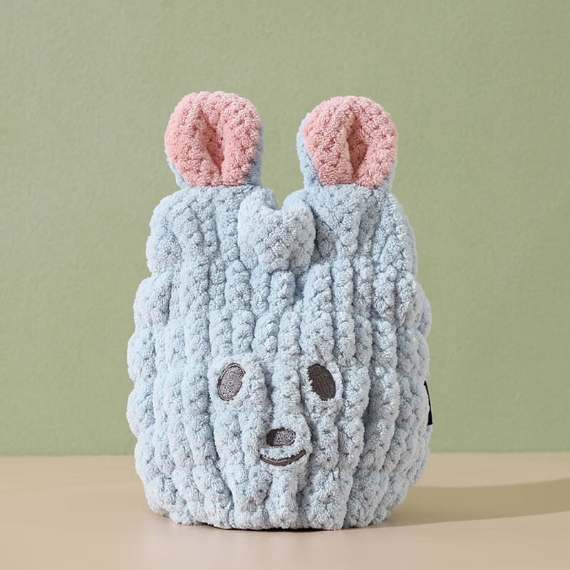 【精选】儿童干发帽卡通刺绣可爱宝宝吸水包头发擦头干发浴帽 熊耳朵蓝色(1个装) 20*20cm