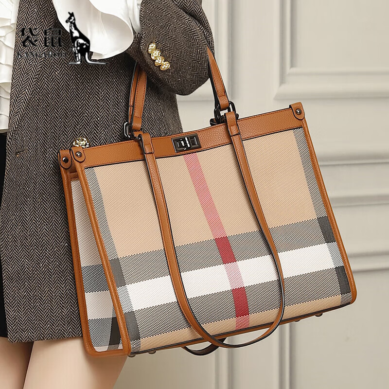 袋鼠真皮包包时尚格纹大容量单肩包高级感手提包女托特大包潮 图片色