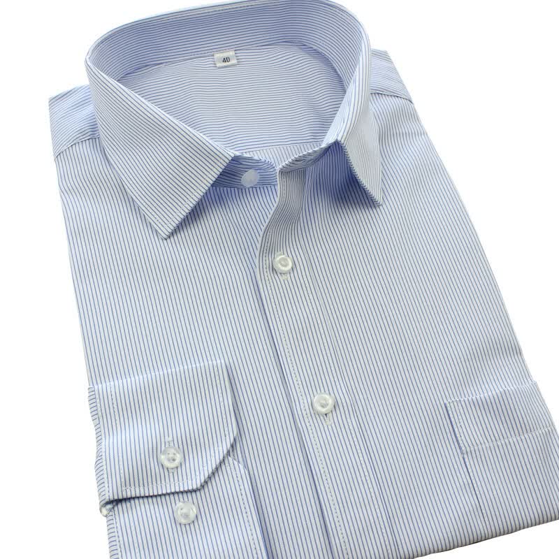 悠奈莎银行工装衬衣男士白底细蓝色条纹衬衫长袖酒店职业装工作服免烫