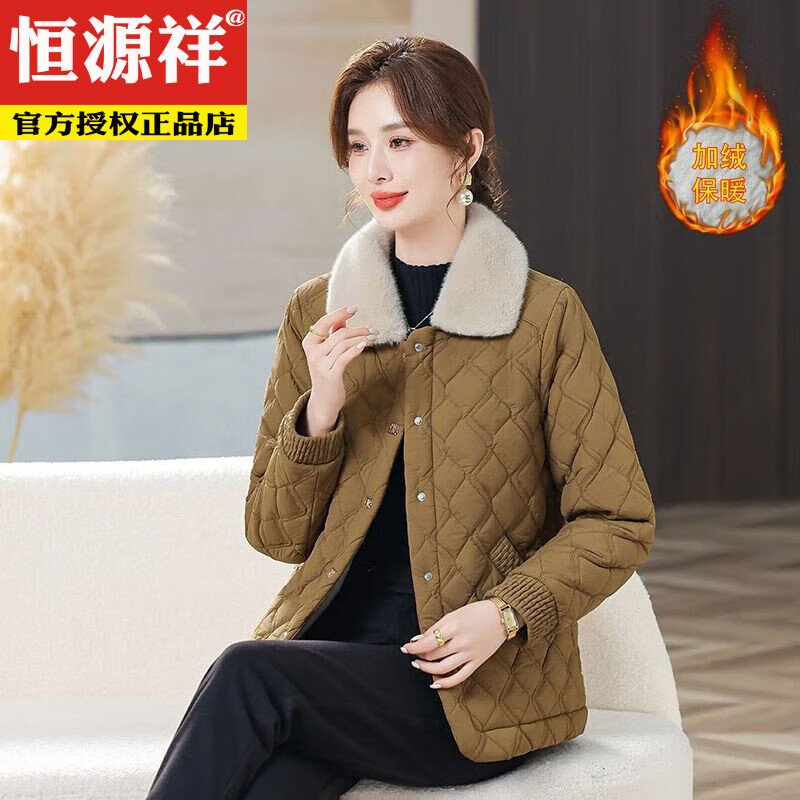恒源祥妈M妈新款时尚加绒棉衣外套加厚保暖冬季棉服中年老年中年洋气棉 黑色 4XL 建议135斤-150斤
