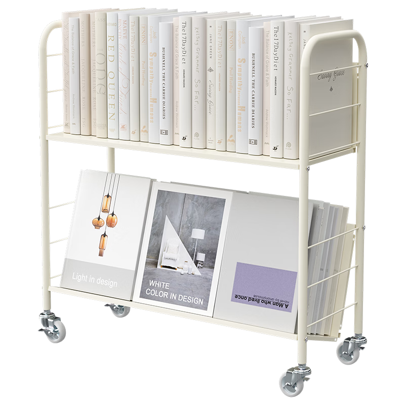 SOFS可移動(dòng)書架帶輪落地鐵藝兒童繪本收納置物架桌邊學(xué)生簡易小型書柜 2層 白色