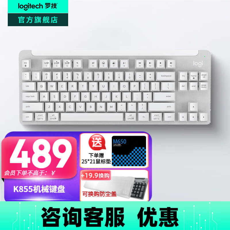 罗技（Logitech）K855无线机械键盘 蓝牙键盘机械按键 游戏办公键盘Mac ipad红轴键盘双模 84键紧凑便携 多设备切换 TTC红轴-白色（K835升级款）