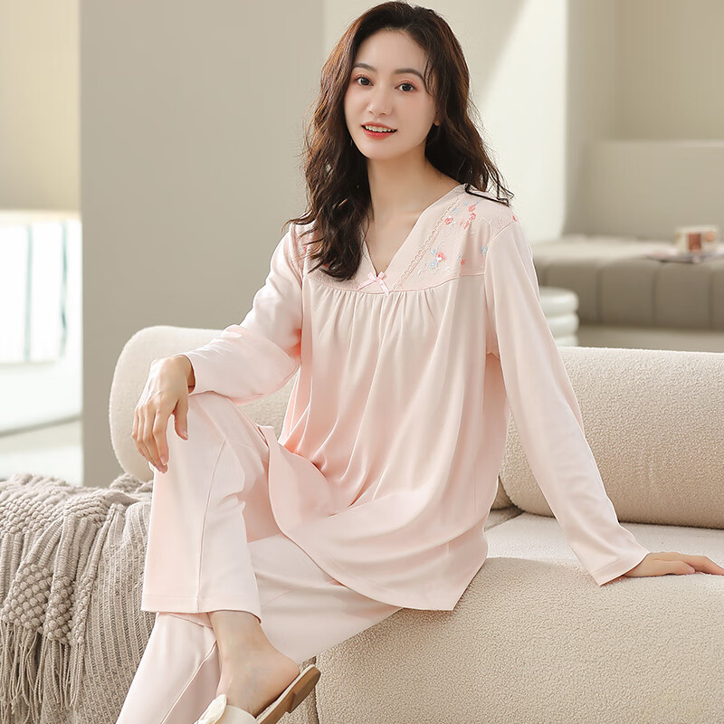 浪莎(langsha)睡衣女莫代尔棉春秋款长袖纯色薄款宽松蕾丝家居服套装