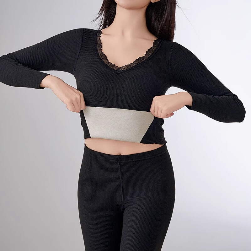 多情猫羊绒蚕丝保暖内衣10A抑菌暖宫带胸垫加绒秋衣秋裤套装秋冬打底衫 蕾丝V领黑色-上衣 【10A绵羊毛蚕丝】 L 【100-120斤】