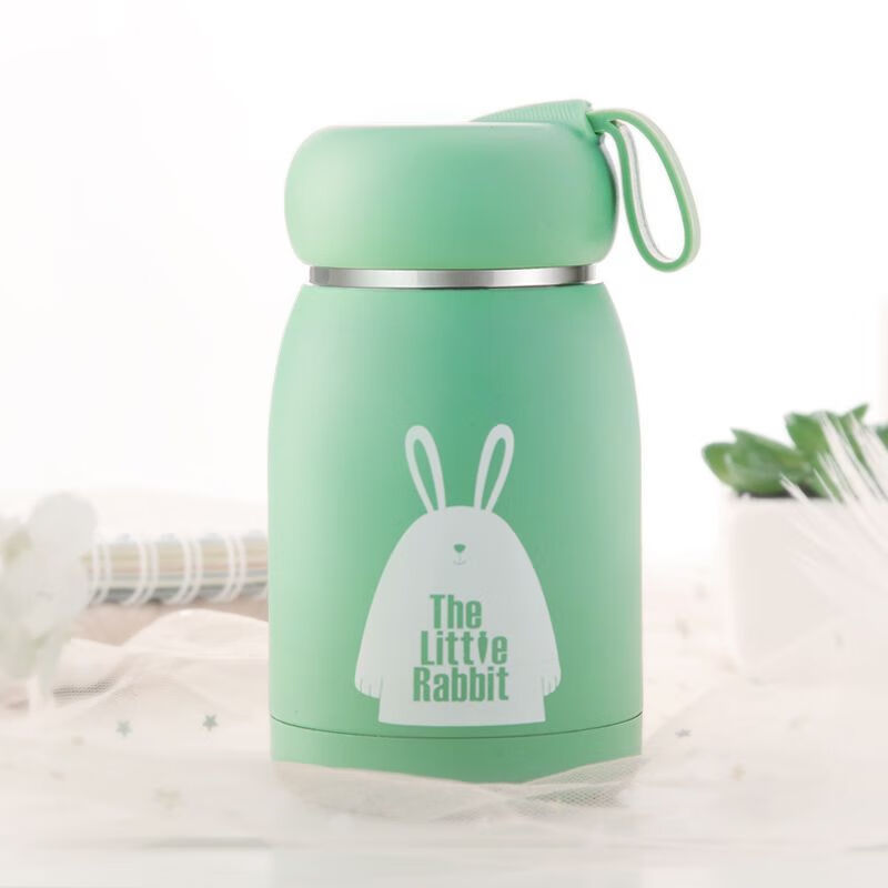 金迷你水杯、防摔杯、萌兔办公茶杯、创意便携杯、防烫保温杯 智能测温(蓝色)320ML