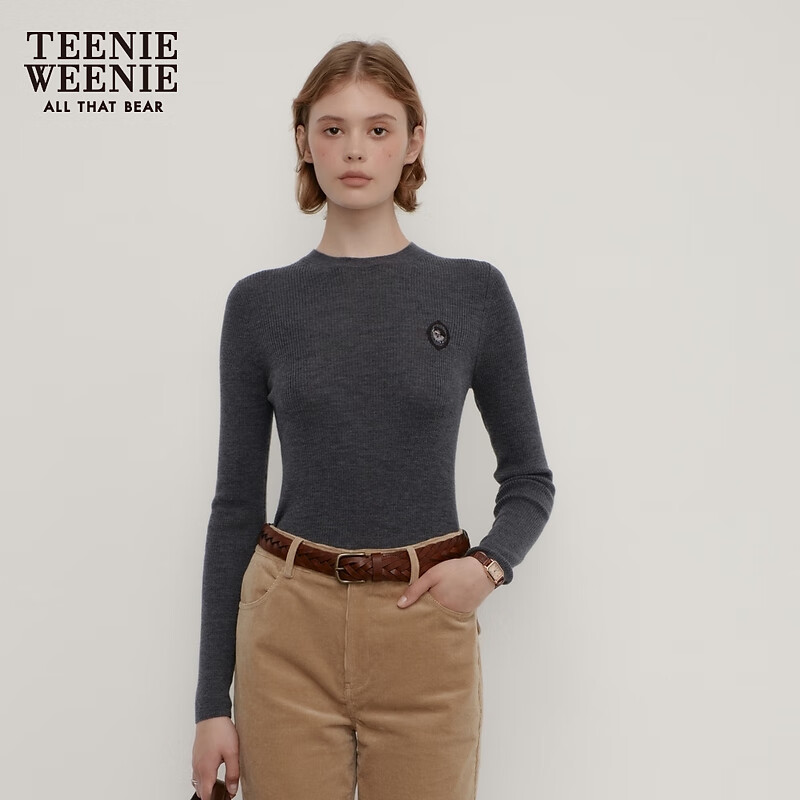 Teenie Weenie小熊针织毛衣女秋冬休闲简约舒适修身针织衫打底 煤灰色 L 170
