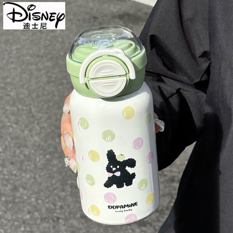 迪士尼（Disney）hellokitty保温杯女生保冷水杯可爱高颜值316学生便携带吸管杯子 绿盖猫咪500ML 提手款