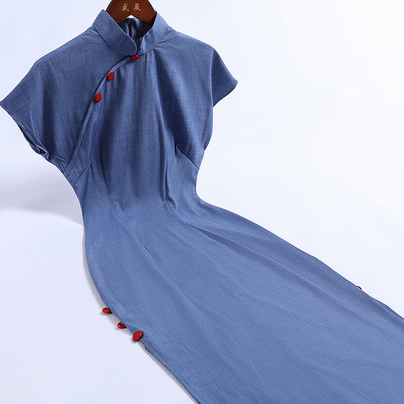 戚薇改良蓝色旗袍2024夏年轻优雅高端气质优雅显瘦少女日常连衣裙   蓝色 XL