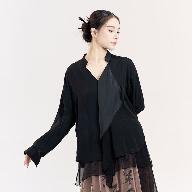 GUBPMTSHIM古典舞美人画卷舞蹈红色演出服飘逸宽松衬衫装现代舞练功服 午夜黑(上衣) S