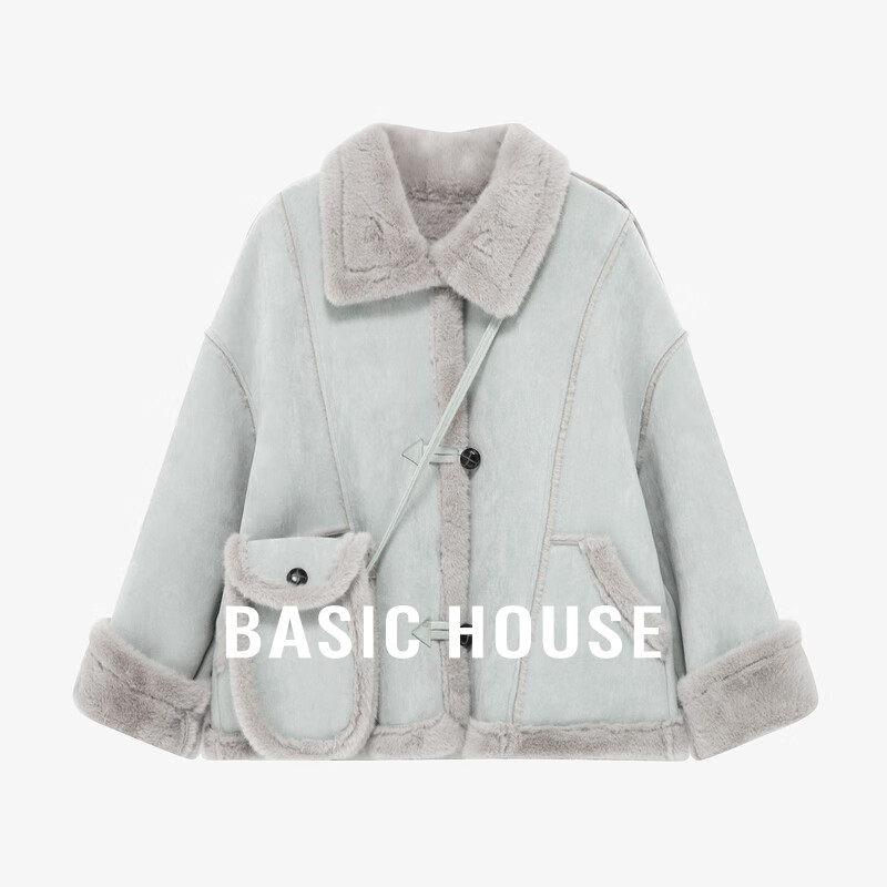 Basic House/百家好韩版翻领皮毛一体外套秋冬加厚毛毛上衣机车服 湖蓝色 M