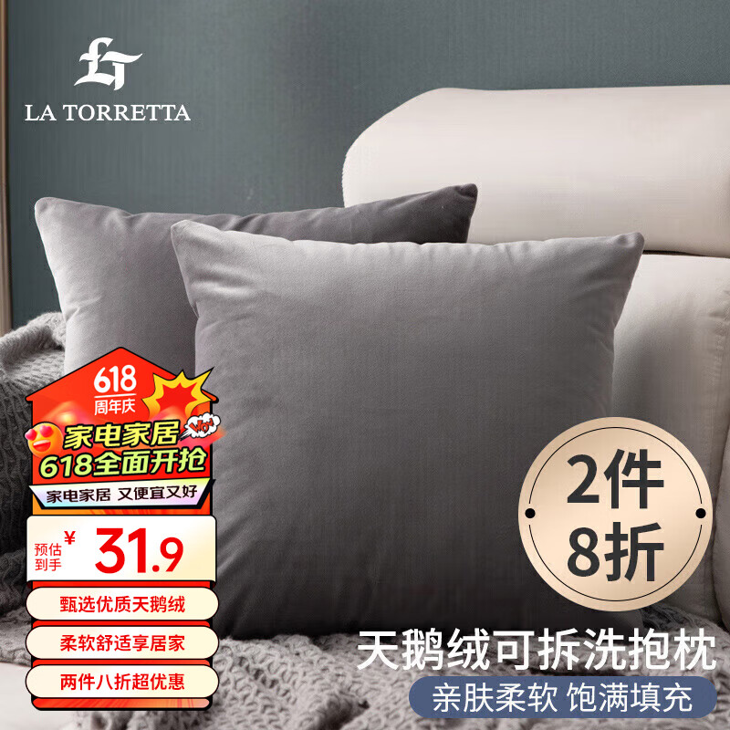 La Torretta 抱枕靠垫 办公室腰枕靠枕床头简约可拆洗纯色天鹅绒沙发垫 灰