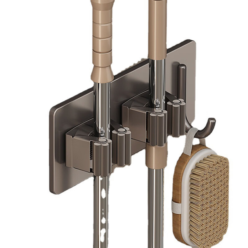 拖把挂钩免打孔壁挂卫生间收纳扫把固定器挂架强力粘胶拖布夹 304不锈钢单拖把架-枪灰色*2