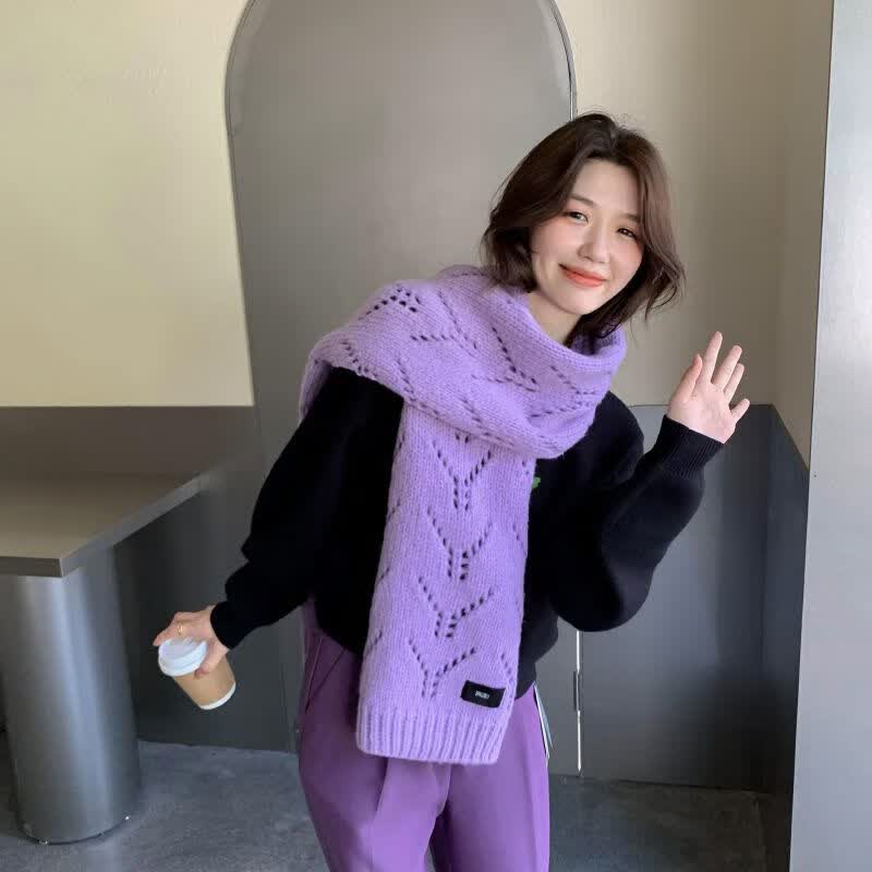 韩版围巾女2021新款秋冬加厚保暖ins网红洋气纯色手工针织围脖男 紫色
