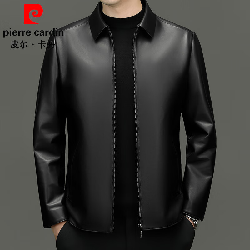 皮尔卡丹高端皮衣男春秋装翻领真皮外套中老年行政夹克商务休闲绵羊皮夹克