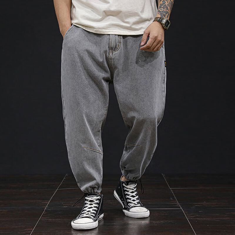 运动裤秋季特大码束脚牛仔裤男加肥加大宽松胖 9902灰色束脚系腰带 28