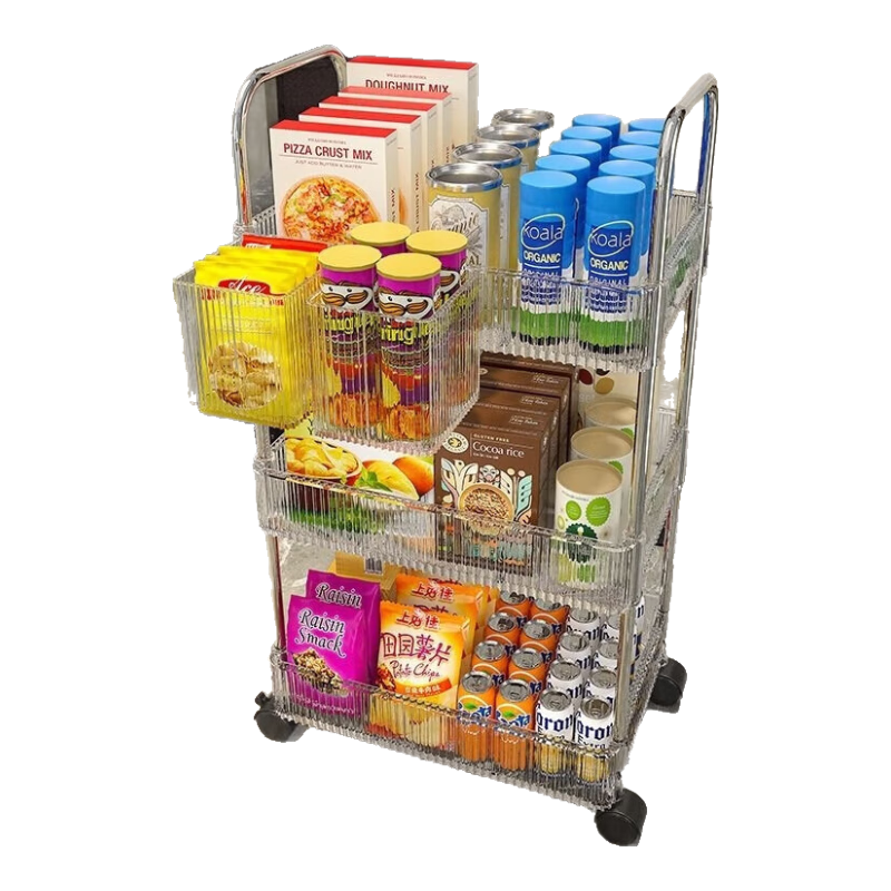 稻草熊小推车亚克力置物架落地零食收纳厨房移动卫生间浴室床边多层储物 透明 3层 【送4个轮子】不带挂盒