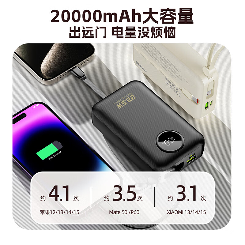 DUDAOK14+自带双线充电宝20000毫安时支持苹果15快充PD20W兼容华为小米安卓手机22.5W快充便携移动电源 白色