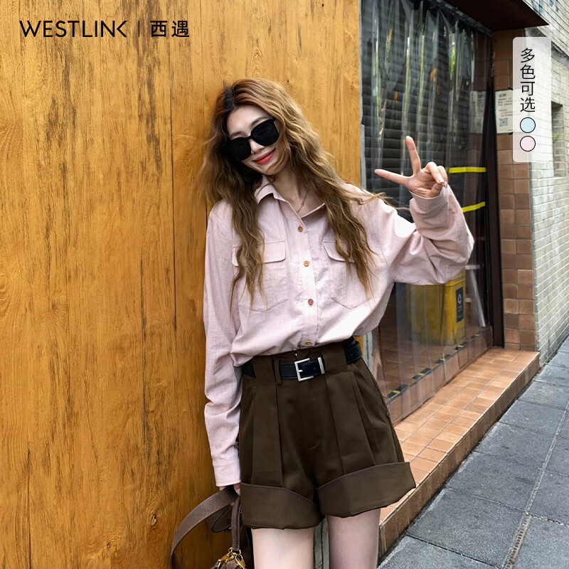 西遇老钱风亚麻衬衫套装女2025年秋季新款通勤高腰宽松短裤两件套 粉色衬衫(SS051331) （L预售15天） S (155)