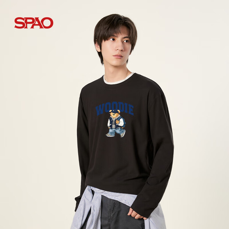 SPAO圆领双面绒保暖衫男2025年冬季保暖防寒内搭长袖T恤SPCX25SG02XY 黑#伍迪背包 L