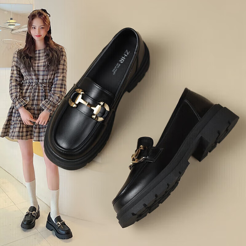 ZHR乐福鞋女软底百搭圆头小皮鞋子女英伦风粗跟女鞋 OFTEP06 黑色 38