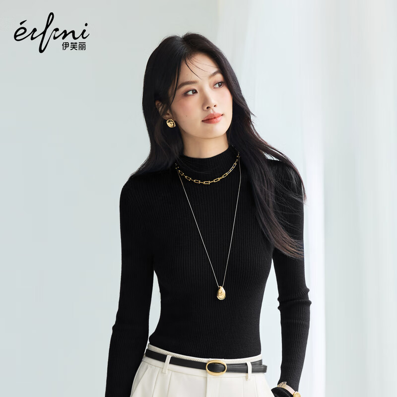 伊芙丽（eifini）蒋欣代言【100%绵羊毛可机洗扬子纱】半高领厚针织衫25秋款 黑色 半高领 M 105-115斤