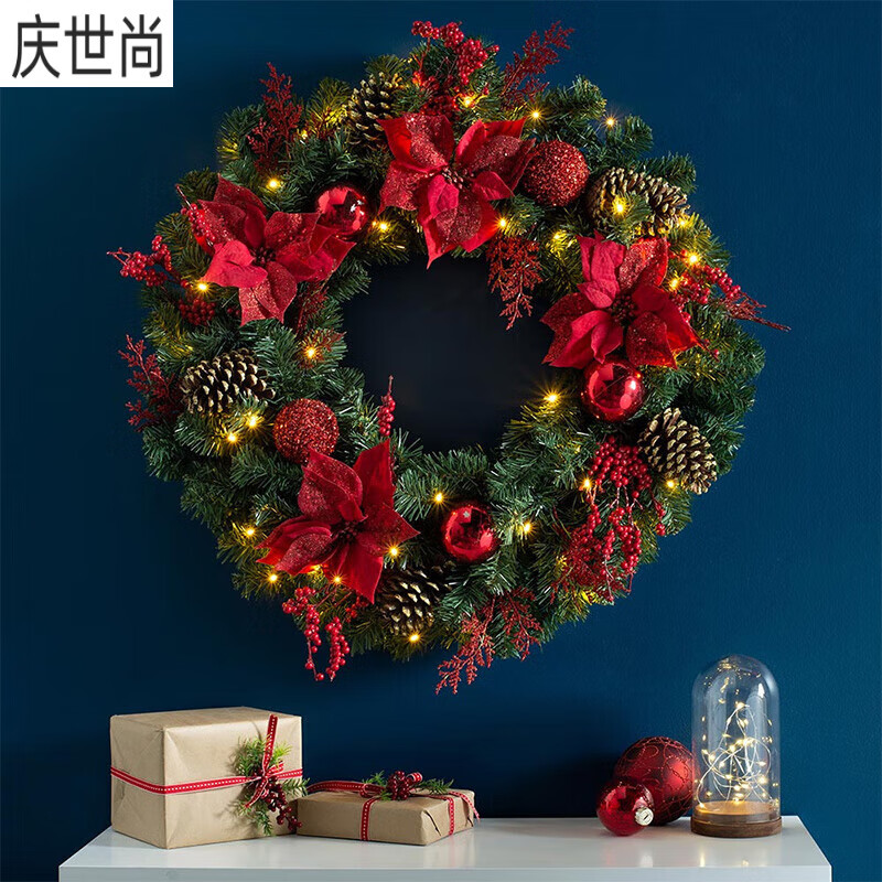 山頭林村圣誕花環(huán)40cm50/60/80圣誕節(jié)裝飾品創(chuàng)意門(mén)掛圣誕藤條掛飾場(chǎng)景布置 裝飾花環(huán)-紅 (USB+電池盒兩 4cm