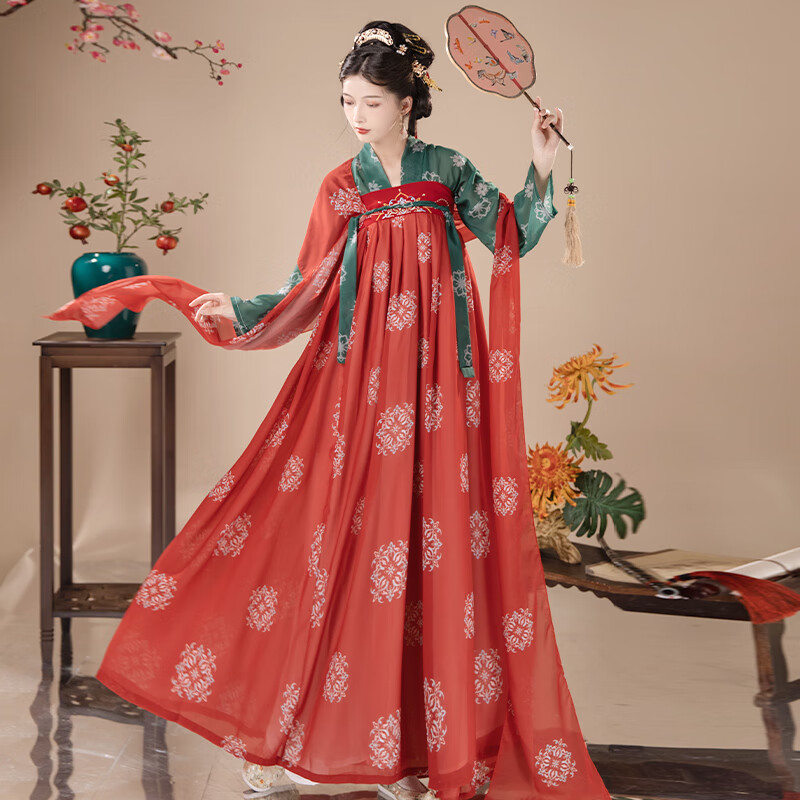 vzvg醉婵汉服女原创梦长安唐制齐胸一片式对襟襦裙复原印花款春夏