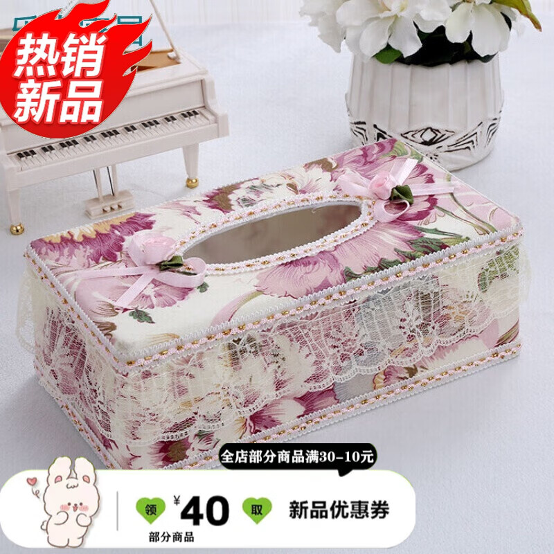 抽纸盒蕾丝布艺欧式田园纸巾盒餐厅客厅卧室纸抽盒卷纸手纸盒的 大粉