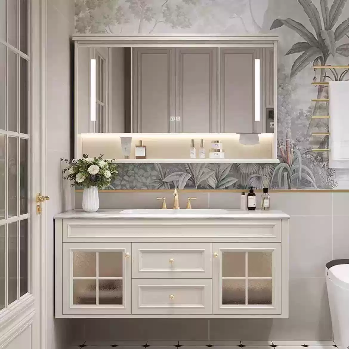 中掌柜法式轻奢浴室柜岩板热弯一体卫浴柜洗手台奶油风一体陶瓷盆洗脸