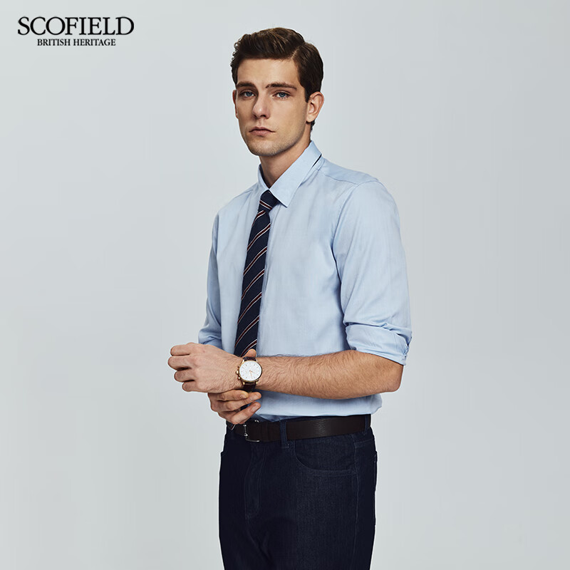 Scofield男装春季25年新款商务长袖全棉简约衬衫舒适时尚衬衣 蓝色 M 170
