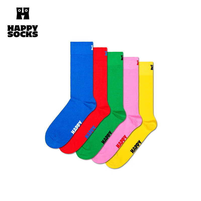 Happy Socks女男士秋冬季款白色黑色穿搭袜子棉袜运动时尚纯色中筒袜5双装 高饱和 5双 M 36-40